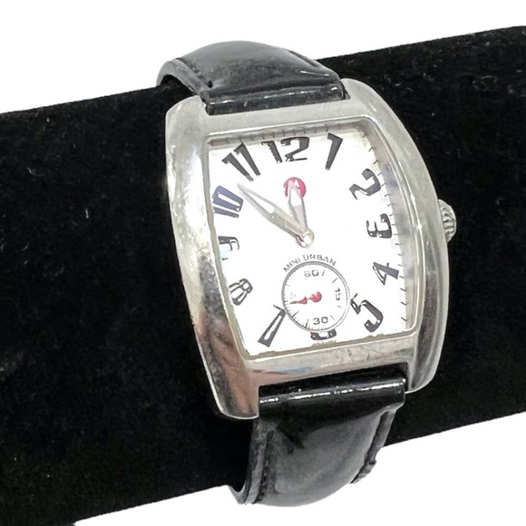 MICHELE MINI URBAN STAINLESS STEEL WATCH WITH BLACK PATENT LEATHER STRAP - Picture 3 of 16